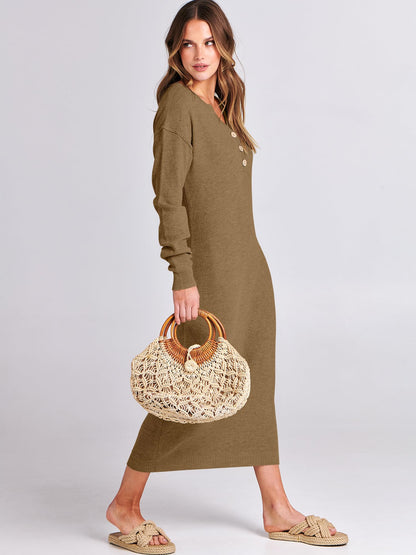 ANRABESS Women Long Sleeve Button V Neck Oversized Casual Loose Fit Waffle Knit Fall Midi Sweater Dress 2024 Trendy Outfits Khaki Medium