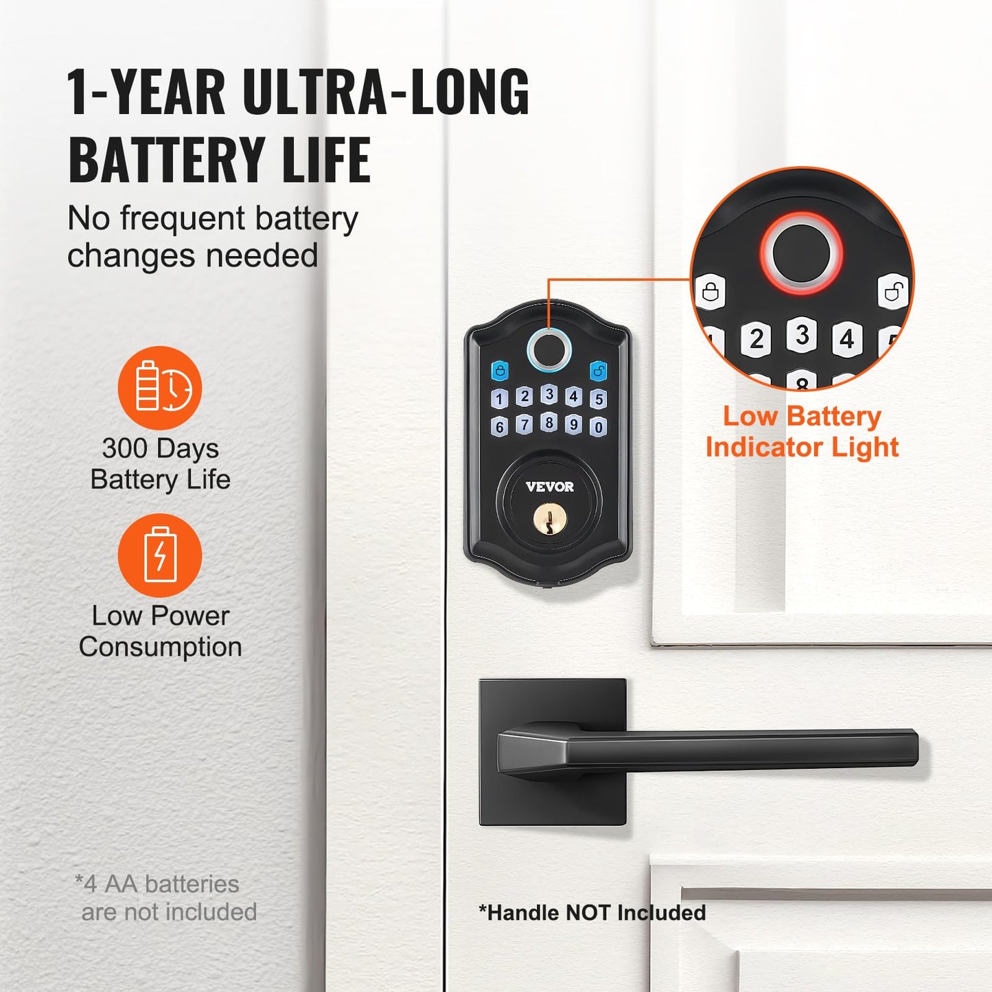 VEVOR Fingerprint Door Lock, Keyless Entry Door Lock with Fingerprint/Keypad Code/Key, Auto Lock, Anti-Peeking Password, Electronic Keypad Deadbolt with 300 Users, IP 63 Rating for Front Door