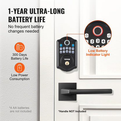 VEVOR Fingerprint Door Lock, Keyless Entry Door Lock with Fingerprint/Keypad Code/Key, Auto Lock, Anti-Peeking Password, Electronic Keypad Deadbolt with 300 Users, IP 63 Rating for Front Door