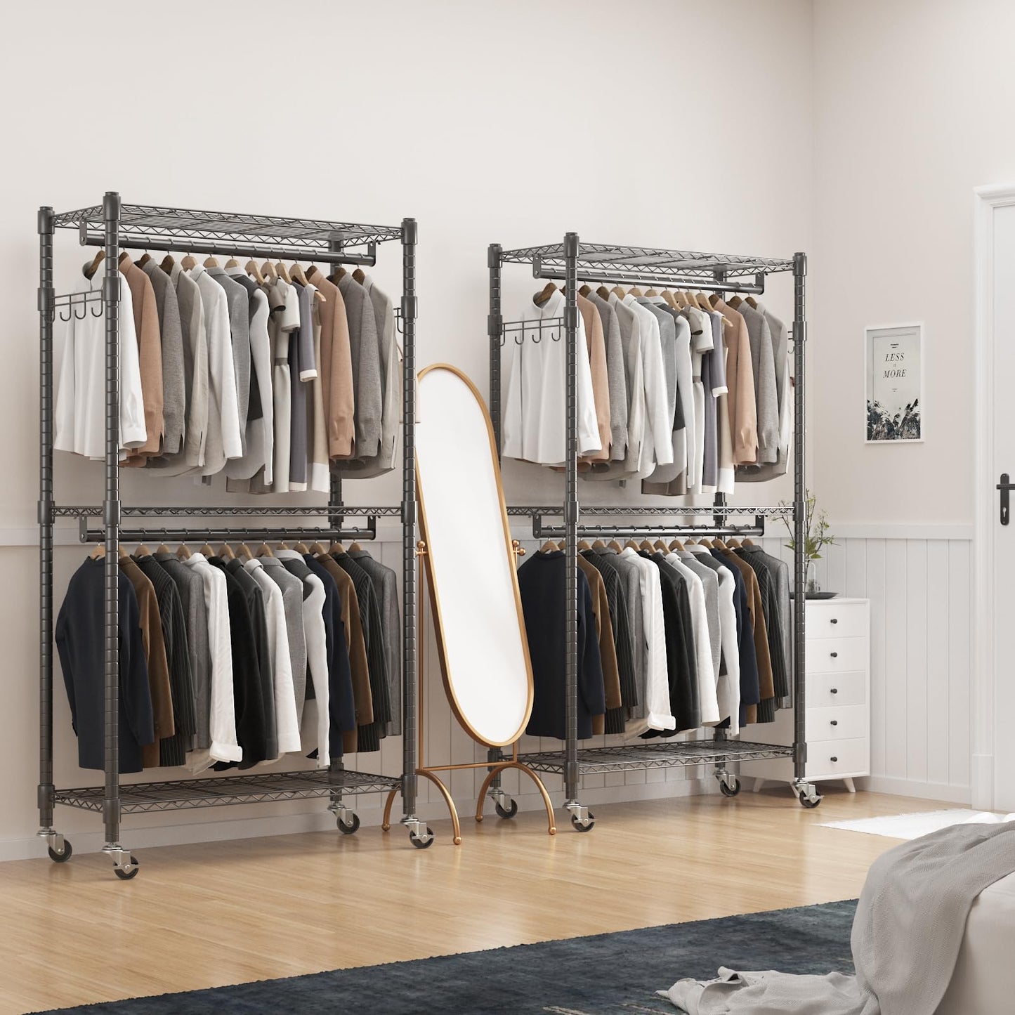 Portable Rolling Garment Rack with Adjustable Shelves