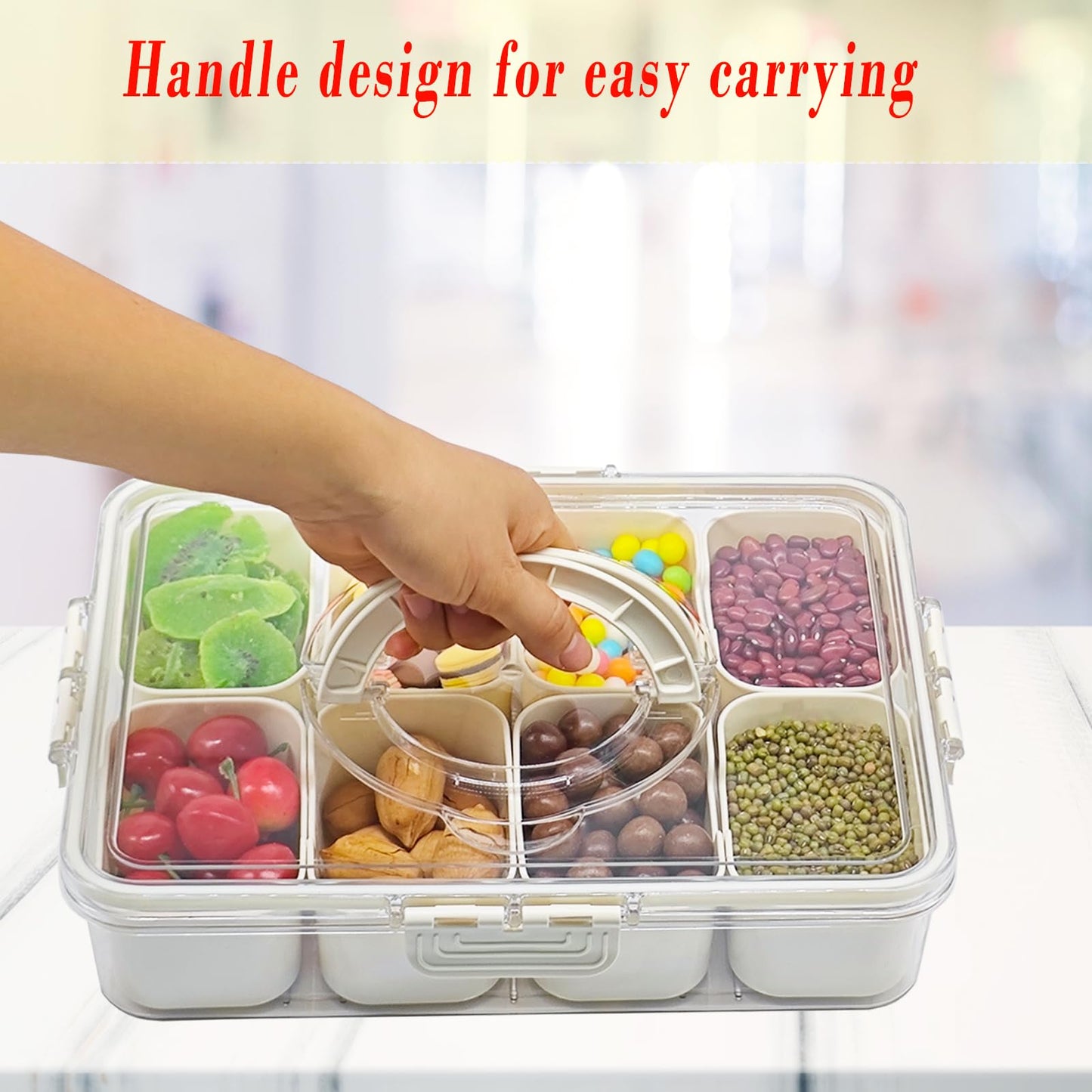 2PCS Divided Serving Tray with Lid & Handle - 8 Compartments Portable Snackle Box Charcuterie Container Organizer for Fruit, Candy, Nuts - Serving Platter for Picnic, Party, Holidays and Travel