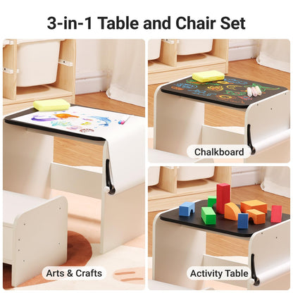 Tilhumt 3-in-1 Drawing Table and Chair Set for Kids Aged 2-5, Toddler Wooden Art Table with Paper Roll Holder & Drawing Accessories, Activity & Craft Table with Storage Drawer, Gift for Kids