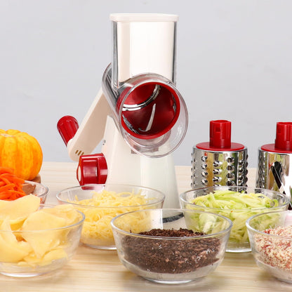 Cambom Rotary Cheese Grater Hand Crank Cheese Shredder for Fresh Cheese, Vegetable, Nuts,Non-slip Suction Base, Free Cleaning Brush Three Blades,Red White