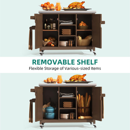 YITAHOME XL Solid Wood Grill Cart Outdoor Storage Cabinet Movable Patio Table with Stainless Steel Top, Spice Rack, and Side Handle, Outdoor Kitchen Island Bar Cart, Brown