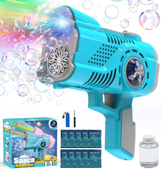 Joyfuture Bubble Gun - Automatic Bubble Machine for Kids - 12 Holes Bubble Gun Blaster with 7 Colors LED Light - Bubble Maker Include Bubble Solution & Batteries - Boys Toys for Birthday, Parties