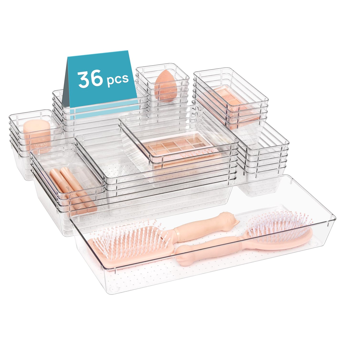 Vtopmart 36 PCS Clear Plastic Drawer Organizers Set, 7-Size Bathroom and Vanity Drawer Organizer Trays, Acrylic Storage Bins for Makeup, Kitchen Utensils, Gadgets, Large Size Office Desk Organizers