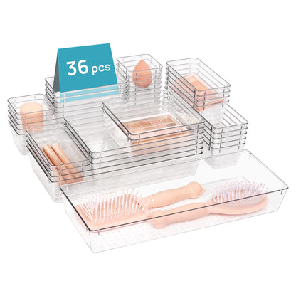 Vtopmart 36 PCS Clear Plastic Drawer Organizers Set, 7-Size Bathroom and Vanity Drawer Organizer Trays, Acrylic Storage Bins for Makeup, Kitchen Utensils, Gadgets, Large Size Office Desk Organizers