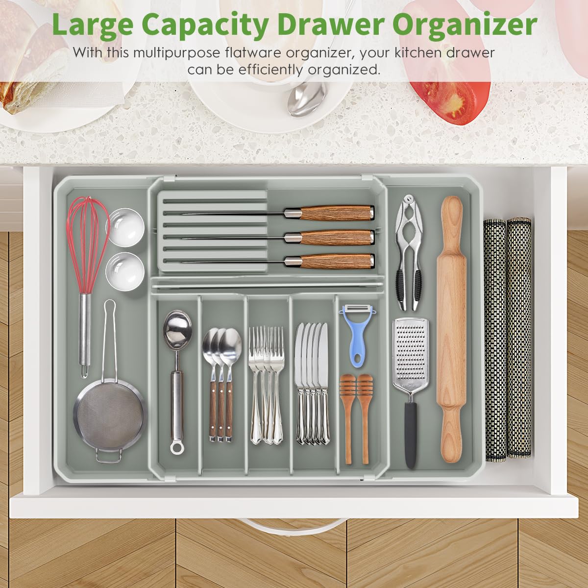 fifame Silverware Drawer Organizer, Expandable Kitchen Utensil Organizer, Larger Capacity Flatware and Cutlery Tray, Multi-Purpose Drawer Storage for Kitchen, Dressing Table, Office, Bathroom, (Grey)