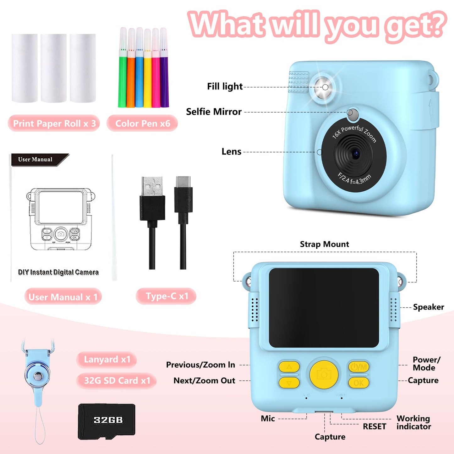Kids Instant Print Camera with 32GB Card