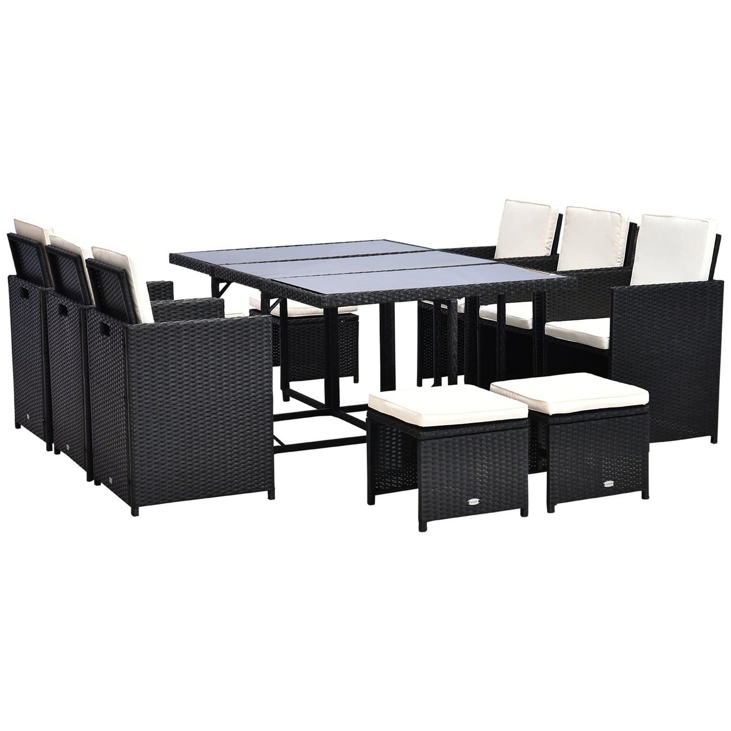 Outsunny 11 Pieces Patio Wicker Dining Sets, Space Saving Outdoor Sectional Conversation Set, with Dining Table, Ottoman and Chair & Cushioned for Lawn Garden Backyard, Cream White