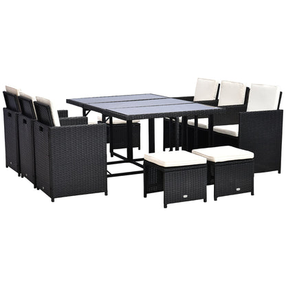 Outsunny 11 Pieces Patio Wicker Dining Sets, Space Saving Outdoor Sectional Conversation Set, with Dining Table, Ottoman and Chair & Cushioned for Lawn Garden Backyard, Cream White