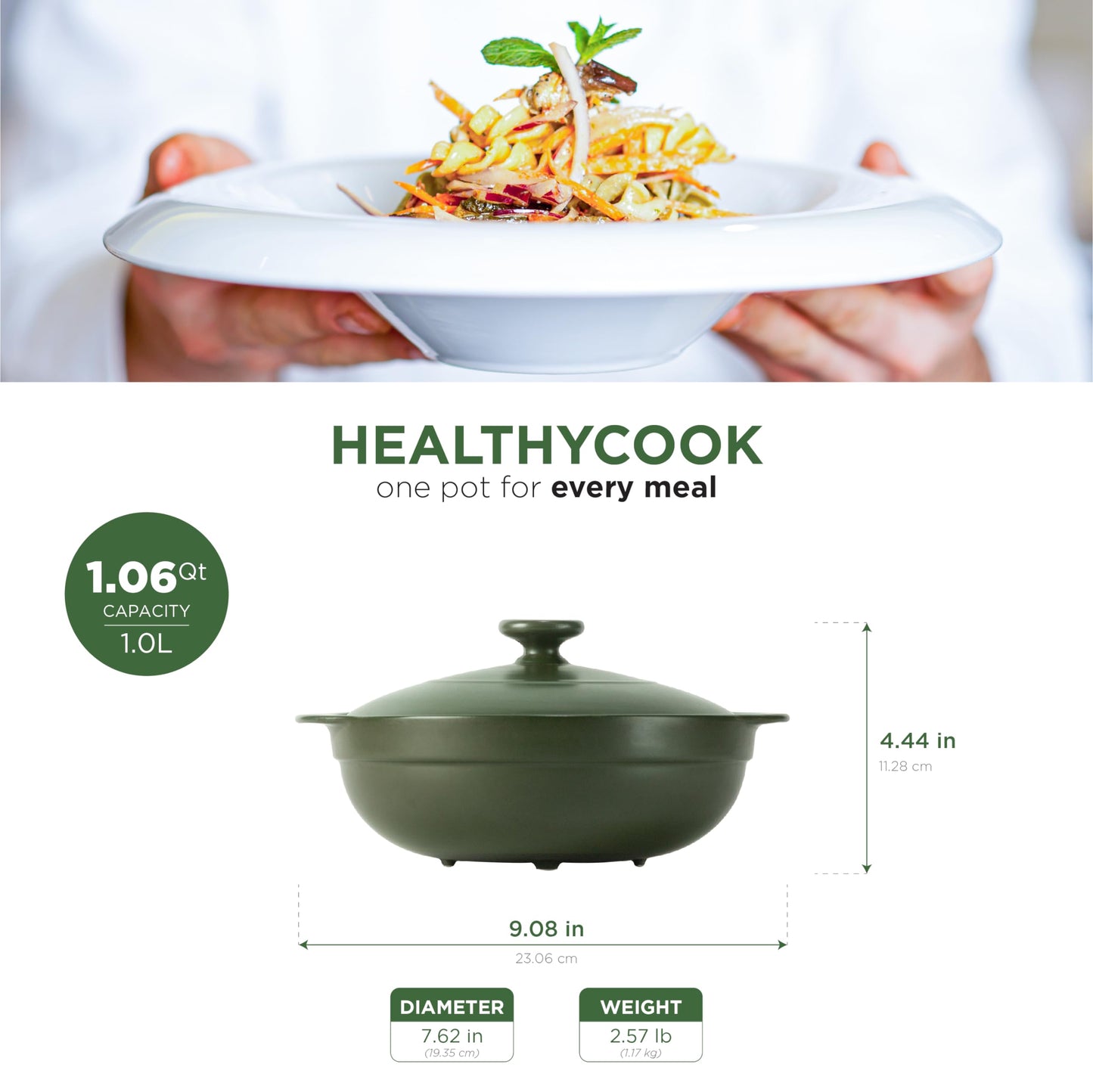 Minh Long 1qt Porcelain Cooking Pots, Clay Pot for Cooking, Dutch Oven, Casserole Dish with Lid, Use for slow cook, stew, braise, boil,..Compatible with gas & infrared cooktop (Luna - Green, 1.06qt)