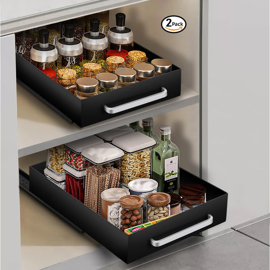 2 Pack Pull out Cabinet Organizer Fixed with Adhesive Nano Film, Heavy Duty Slide out Pantry Shelves Drawer Storage,Under Sink Storage Organization with Handle for Kitchen