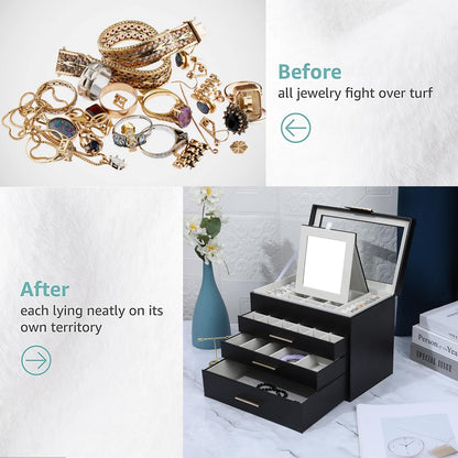 Tian Ye Zhou Jewelry Box with Glass Lids, 4 Layer Large Jewelry Holder Organizer with Mirror, White Jewelry Box with 3 Drawers for Sunglasses, Necklace and Bracelet Storage Gifts for Her (Black)