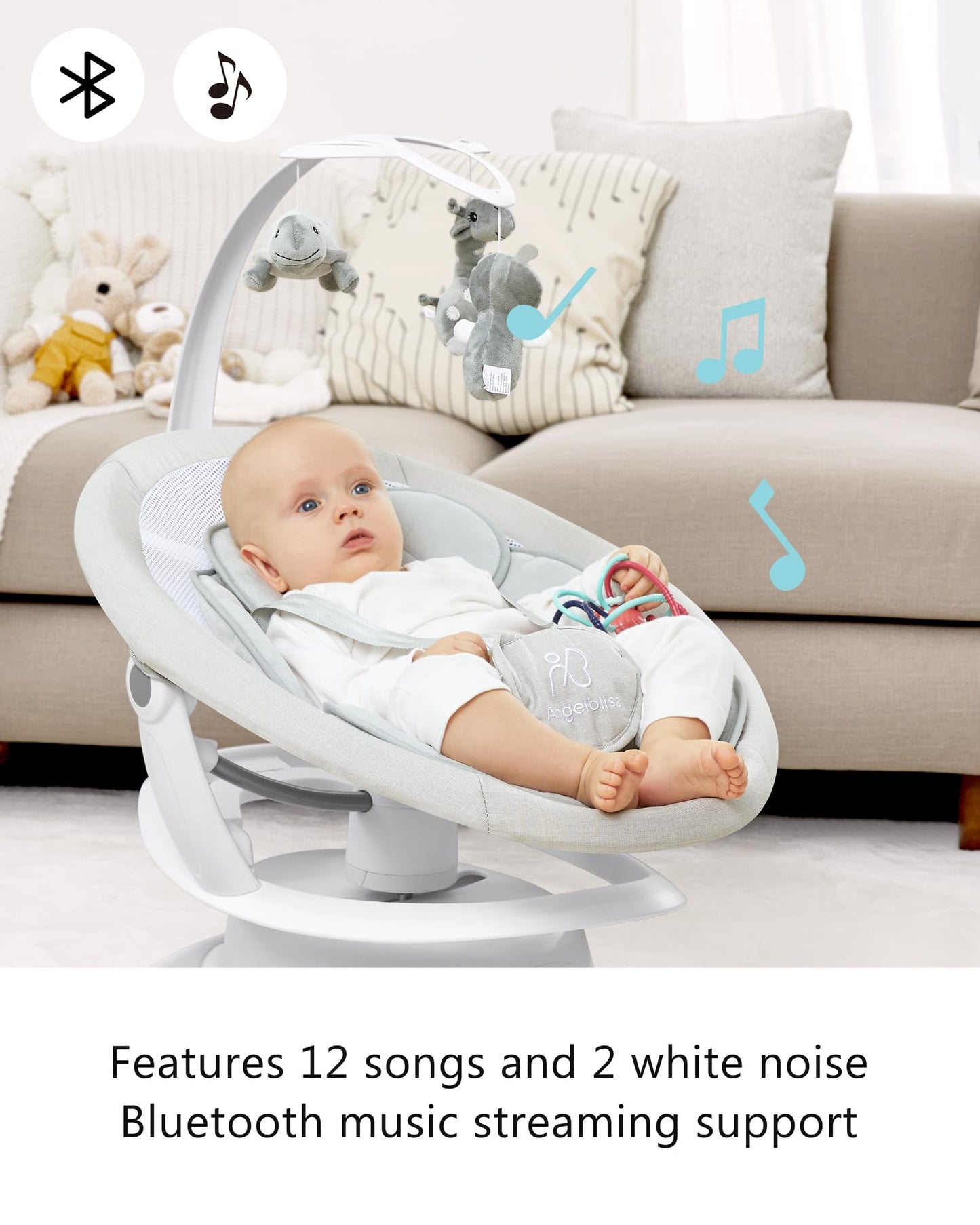 Angelbliss 3 in 1 Baby Swing with Motion Detection, Portable Baby Swings for Infants with Removable Rocker & Stationary Seat, Bluetooth Enabled with 3 Unique Motions (White)