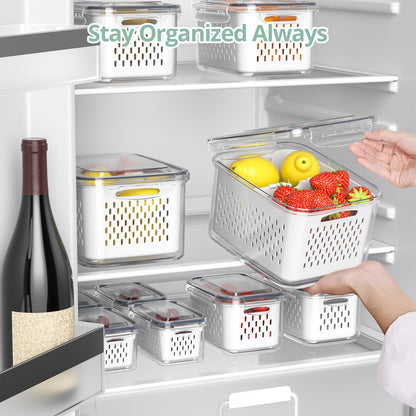 Fruit Storage Containers for Fridge with Removable Colander, 24PCS Fruit Containers for Fridge with 2 Function Divider Plate, Airtight Storage Container to Keep Berry Fruit Fresh, Dishwasher Safe