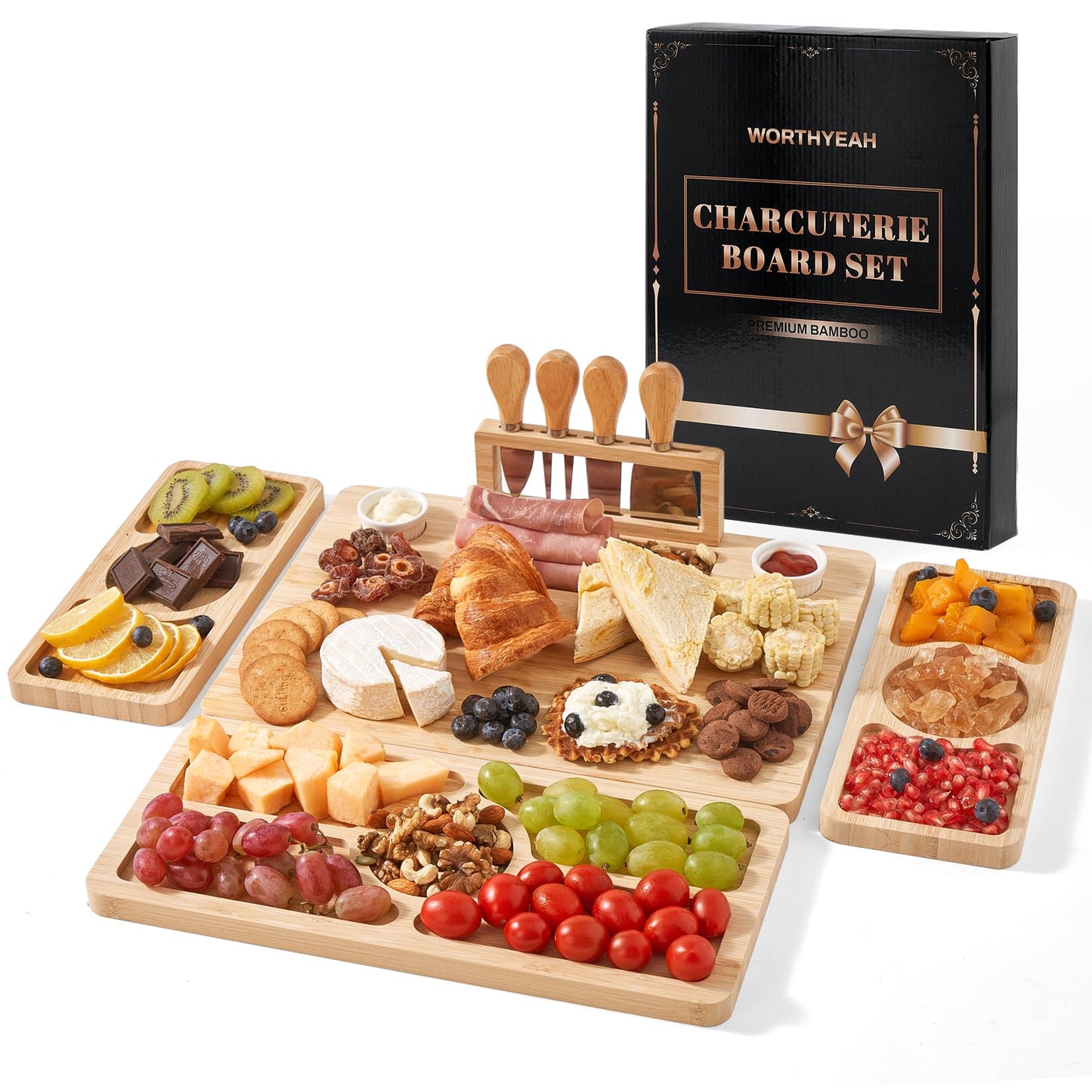 Bamboo Charcuterie Board Set with Knife and Bowl