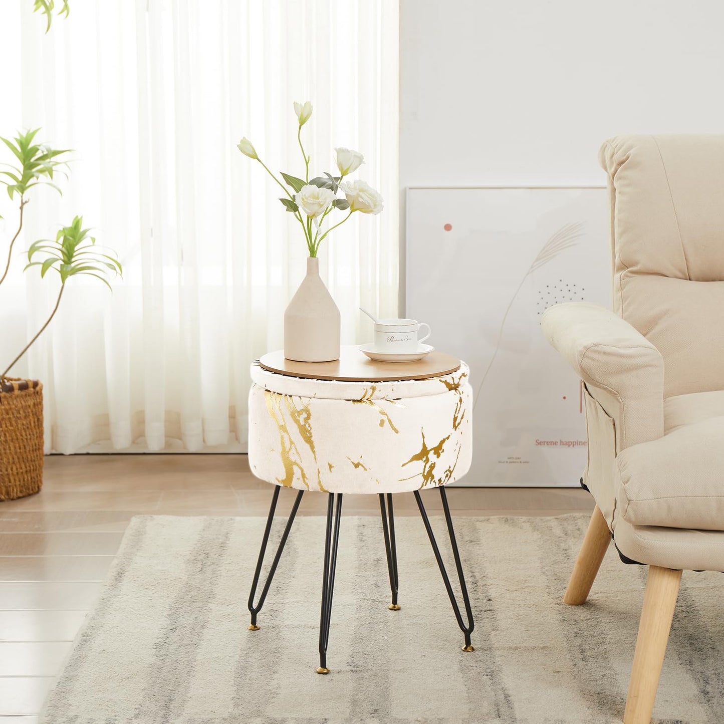ALeesing Vanity Stool, Ottoman Make Up Stool with Large Storage, Round Footrest Footstools with 4 Metal Legs & Adjustable Footings for Living Room Bedroom Entryway- Beige