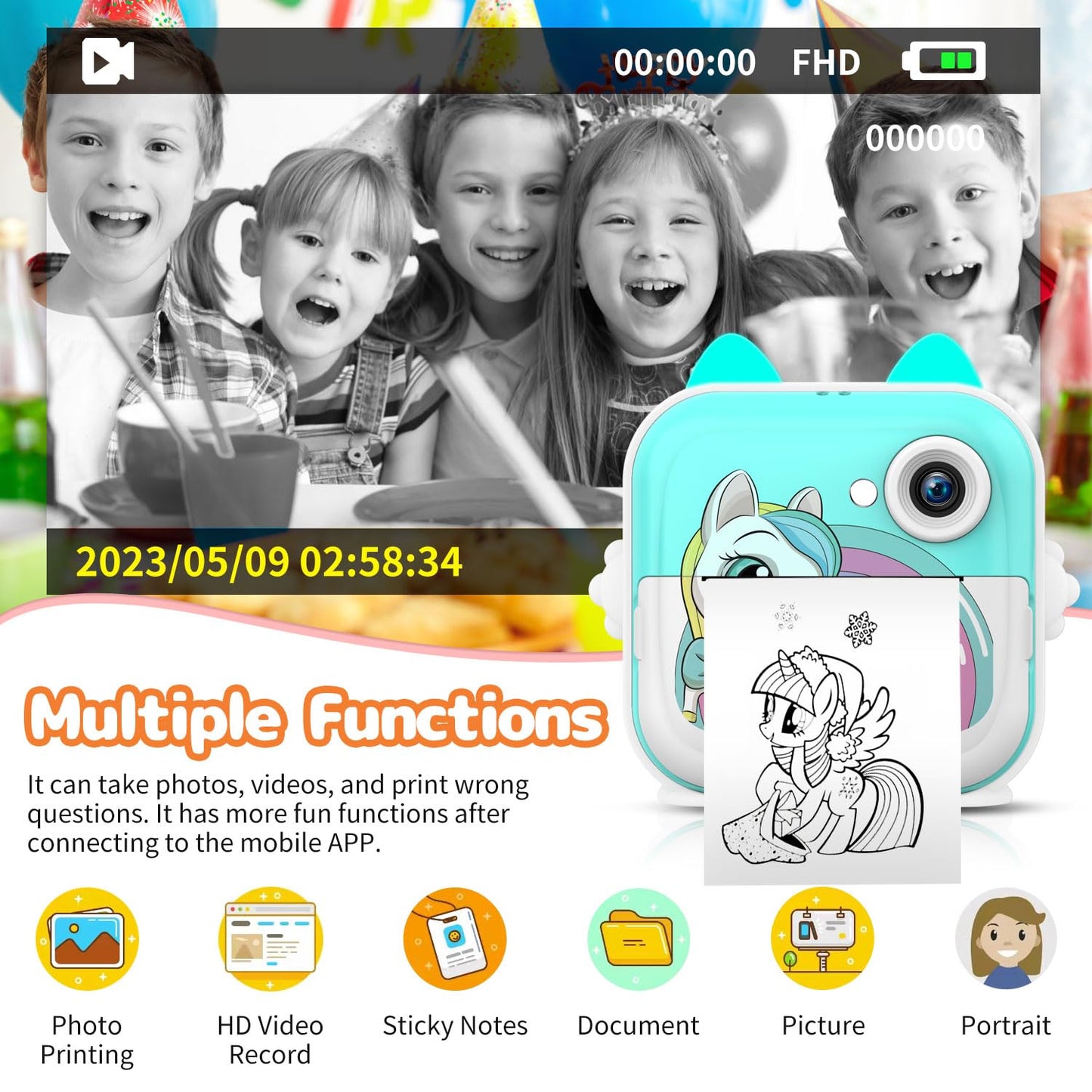 Instant Print Camera for Kids, Christmas Birthday Gifts for Girls Boys, Selfie Digital Camera with 1080P Videos, Portable Travel Camera Toy for 6+ Years Old Girl with Print Paper & 32G Card