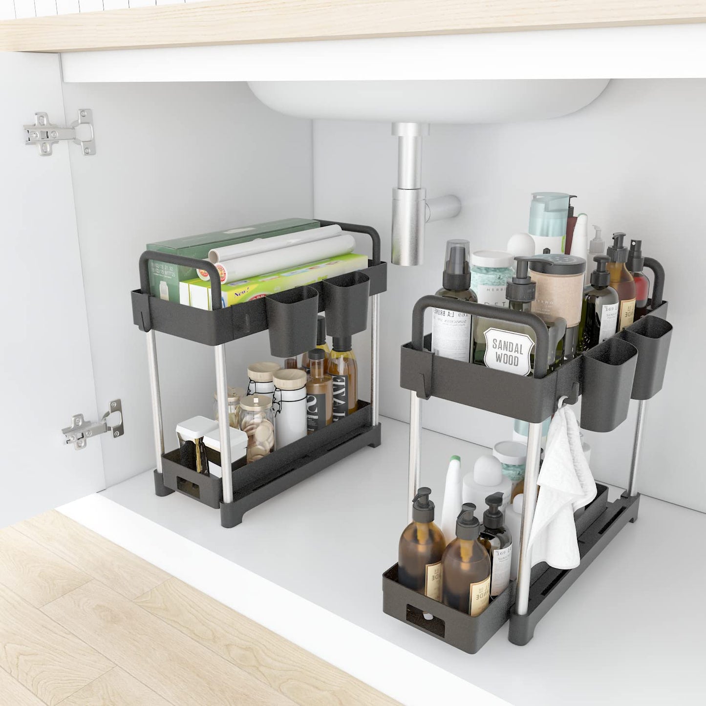 PROFECTUS Under Sink Organizers and Storage, 2-Tier Sliding Under Bathroom Cabinet Organizer with Hooks,Hanging Cup,Handrail,Multi-Purpose Storage Shelf for Kitchen Bathroom