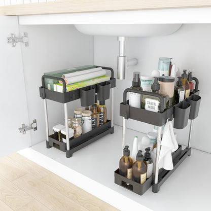 PROFECTUS Under Sink Organizers and Storage, 2-Tier Sliding Under Bathroom Cabinet Organizer with Hooks,Hanging Cup,Handrail,Multi-Purpose Storage Shelf for Kitchen Bathroom