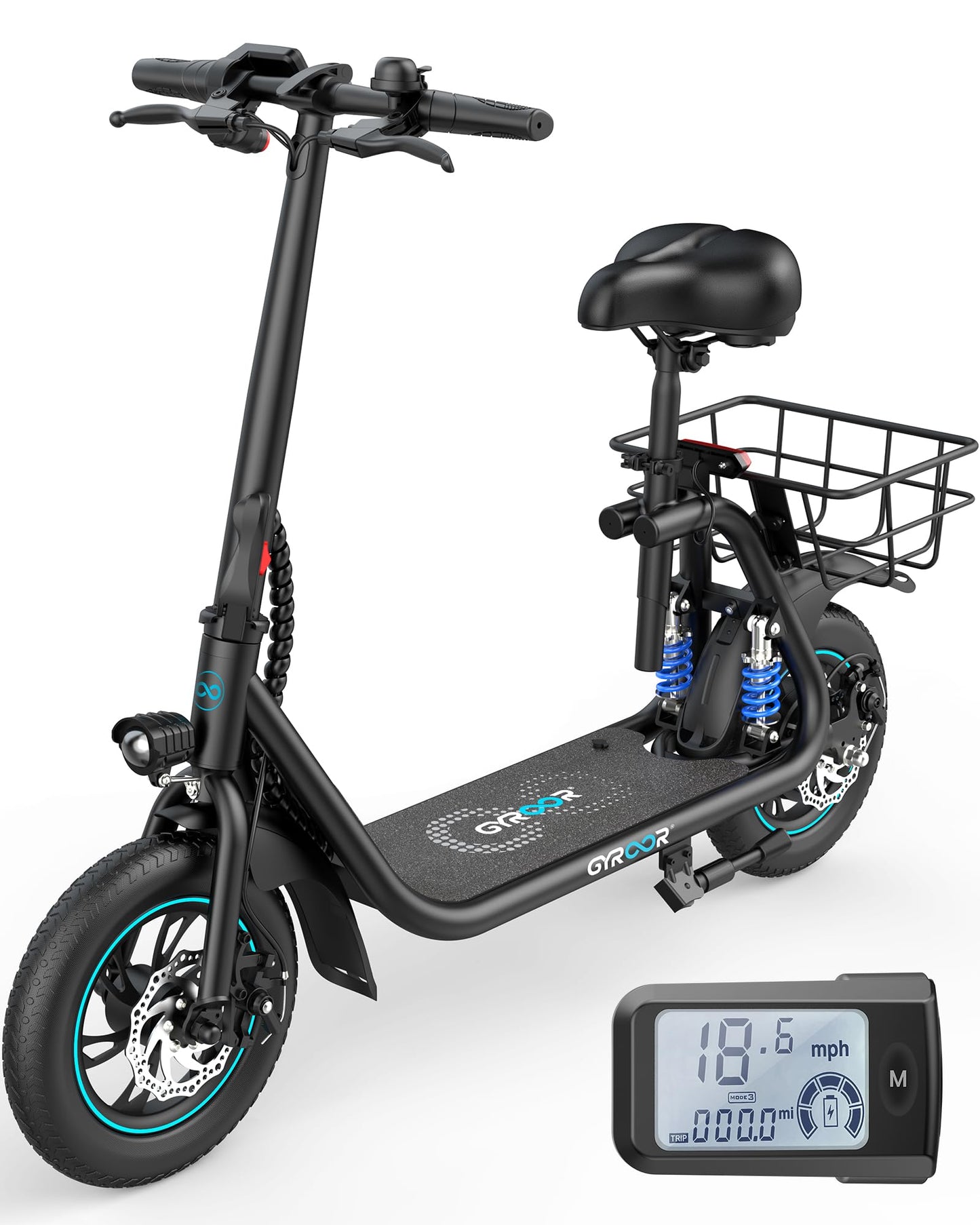 Gyroor C1 PRO 450W Electric Scooter with Dual Shock Absorbers for Adult,Up to 25 Miles 18.6MPH,12" Commuter Electric Scooter with Basket-Black