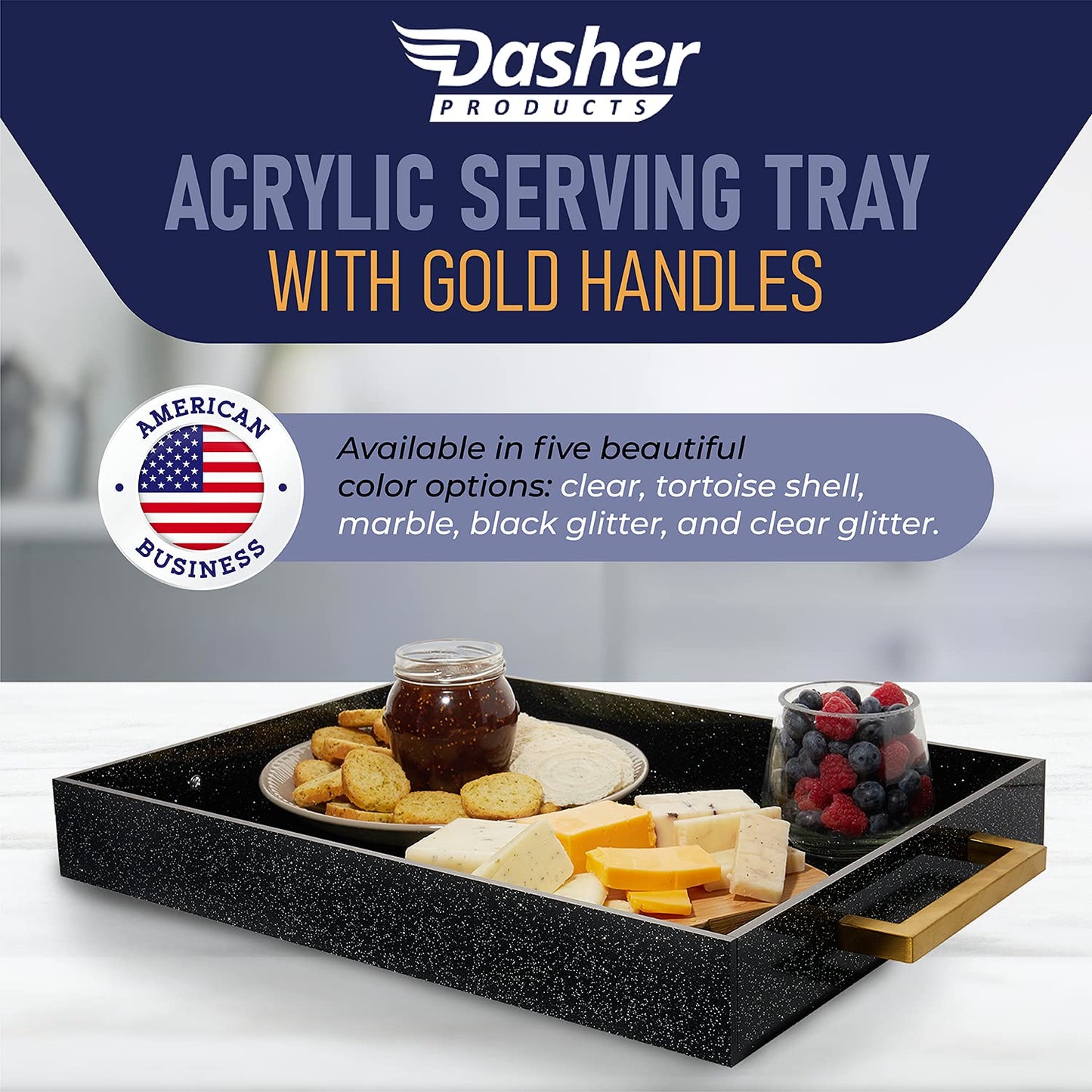 Acrylic Serving Tray with Gold Handles, 16" x 12" Decorative Trays for Coffee Table, Spill Proof Food Drinks Server, Ottoman Tray for Countertop, Kitchen, Vanity, Serving Party Platter (Black Glitter)