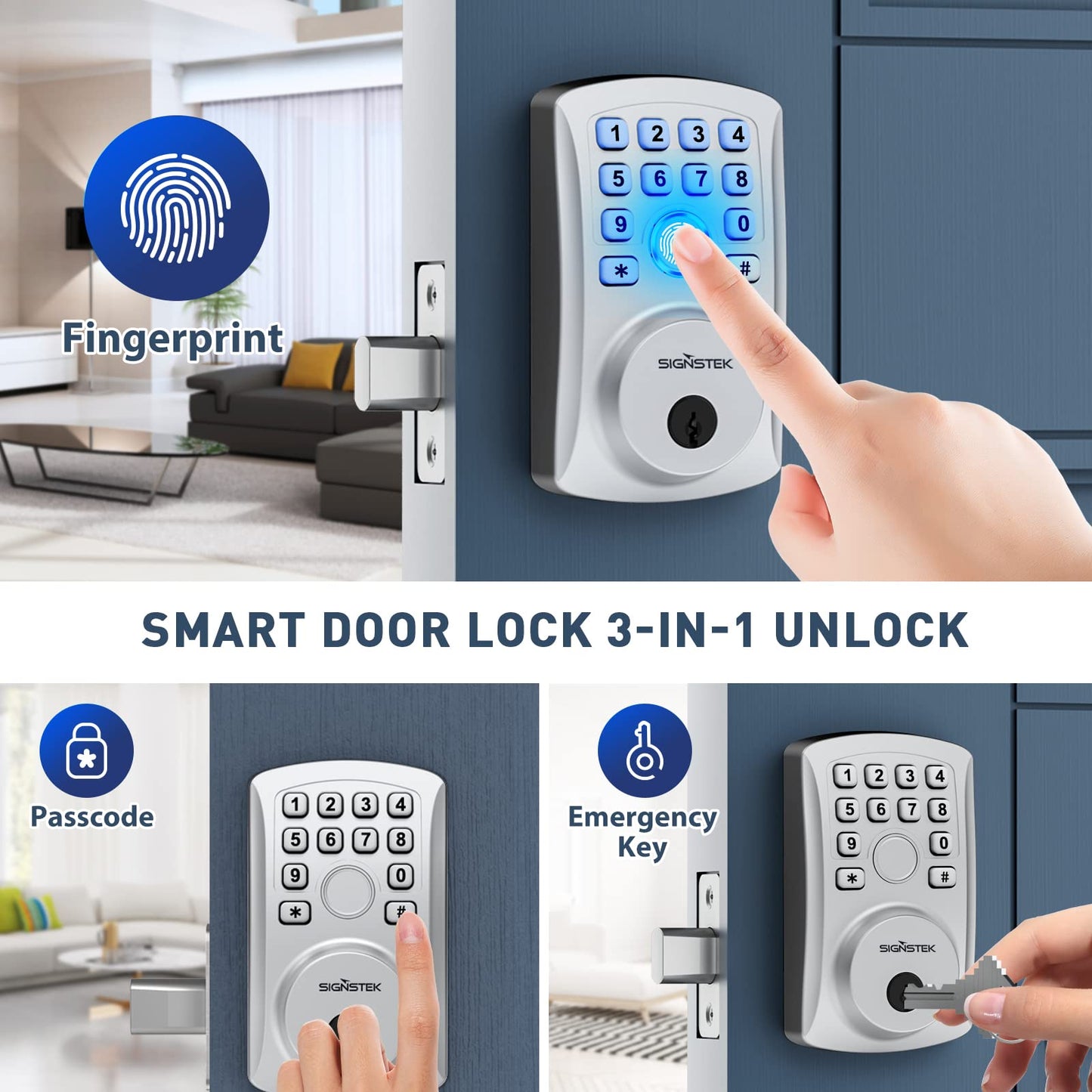 Signstek Fingerprint Door Lock, Keyless Entry Door Lock, Smart Biometric Door Lock with Keypad, Electronic Keypad Deadbolt for Home, Appartment,Bedroom, Easy to Install, Satin Chrome