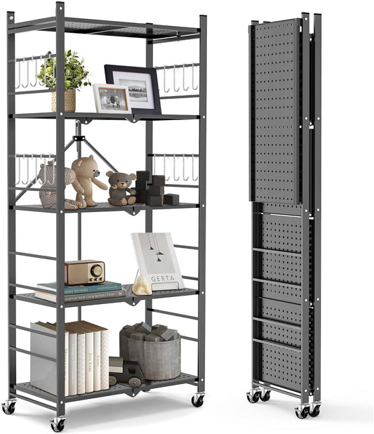 Himix Storage Shelves with 20 Hooks, 5-Tier Foldable Shelves for Storage, Folding Shelf Unit Pantry Shelves Bookshelf with Wheels, Vendor Display Racks for Craft Shows, Home, Office - No Assembly