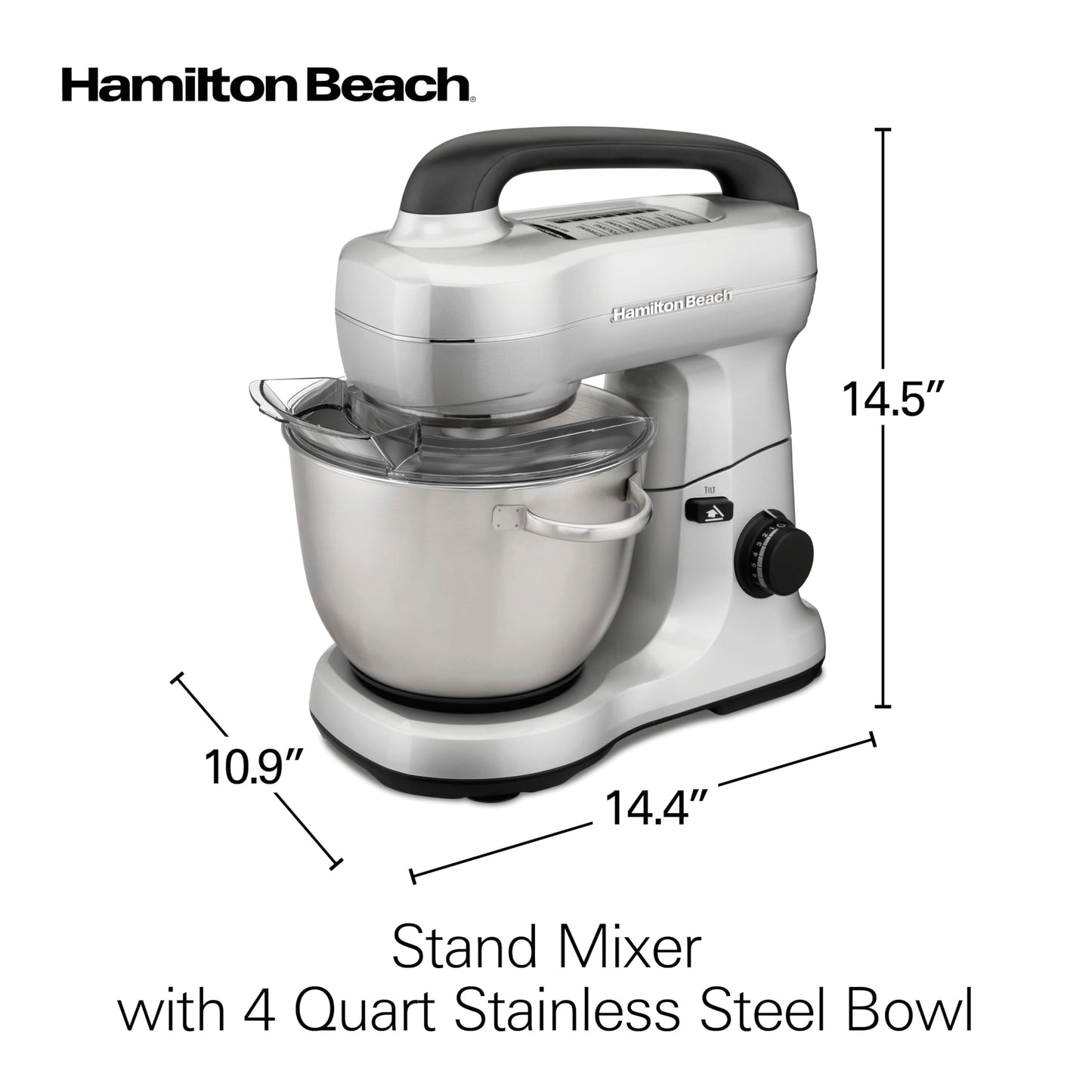 Hamilton Beach Electric Stand Mixer, 4 Quarts, Dough Hook, Flat Beater Attachments, Splash Guard 7 Speeds with Whisk, Silver