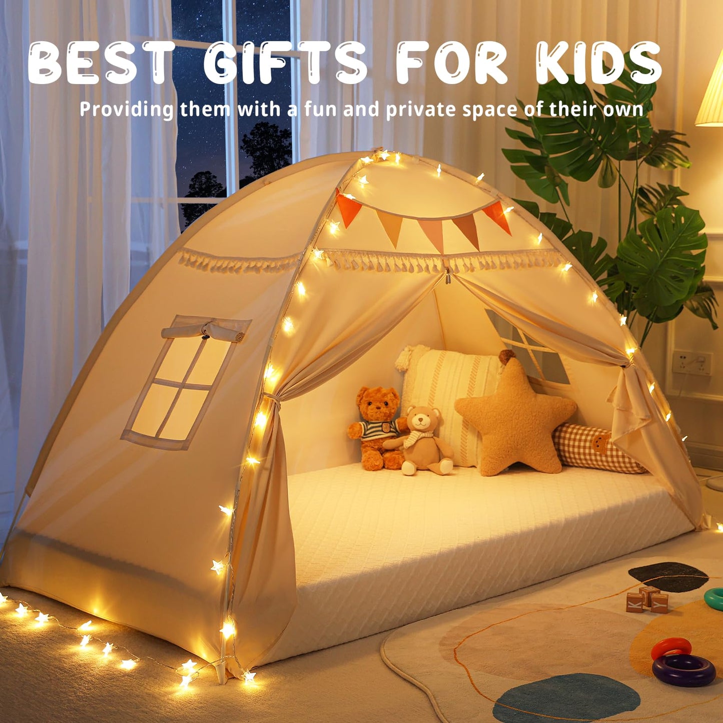 Toddler Bed Tent Canopy with Lights & Flags