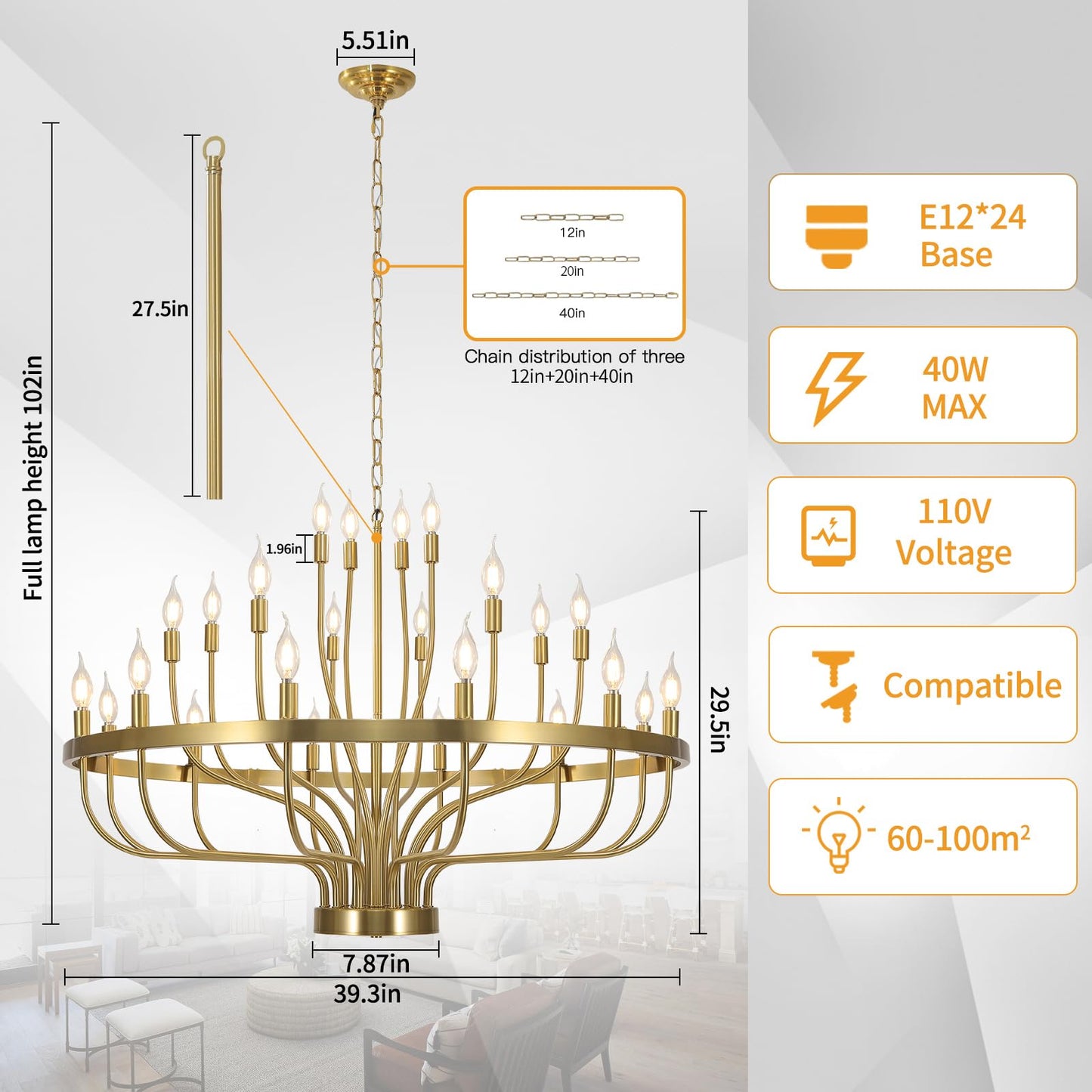 39in 24-Light Farmhouse Chandelier for High Ceilings