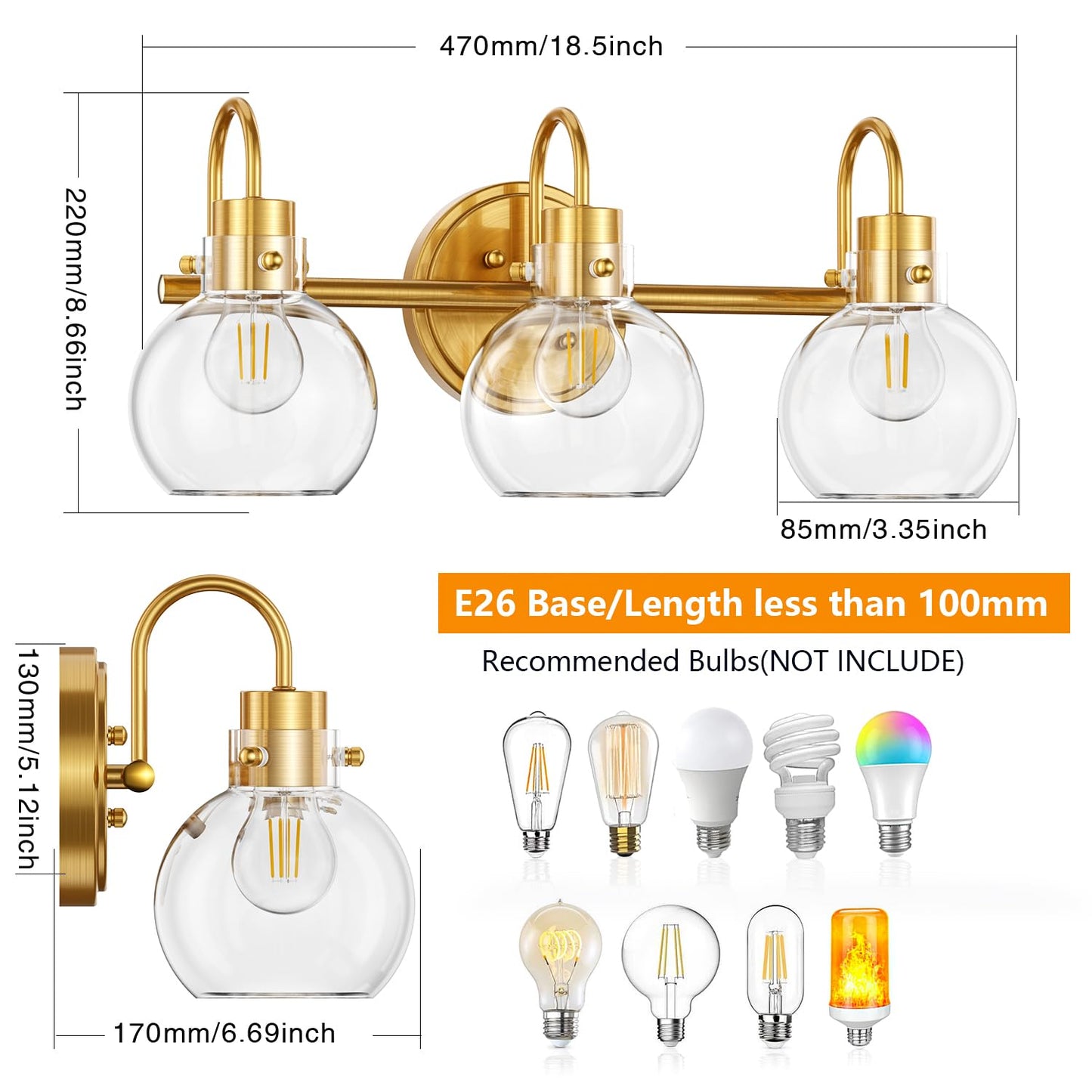 3-Light Vanity Light, Brushed Brass Bathroom Light Fixtures, Farmhouse Wall Sconces with Globe Clear Glass Shade, Porch Wall Mount Lamp for Mirror, Kitchen, Porch, Living Room, Workshop (E26 Base)