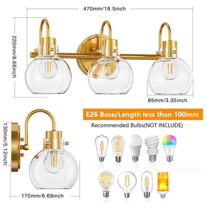 3-Light Vanity Light, Brushed Brass Bathroom Light Fixtures, Farmhouse Wall Sconces with Globe Clear Glass Shade, Porch Wall Mount Lamp for Mirror, Kitchen, Porch, Living Room, Workshop (E26 Base)