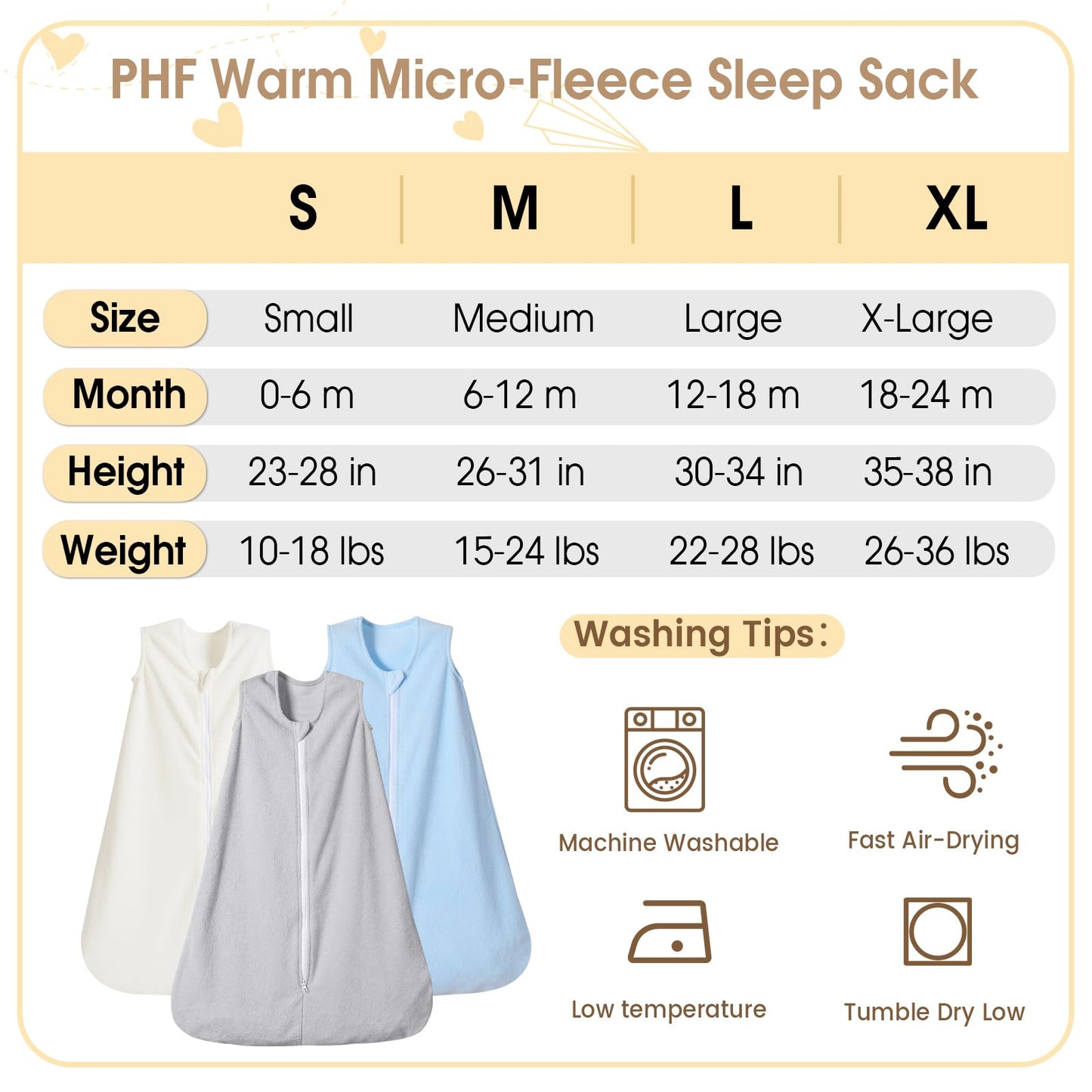 PHF 3-Pack Micro-Fleece Baby Sleep Bags