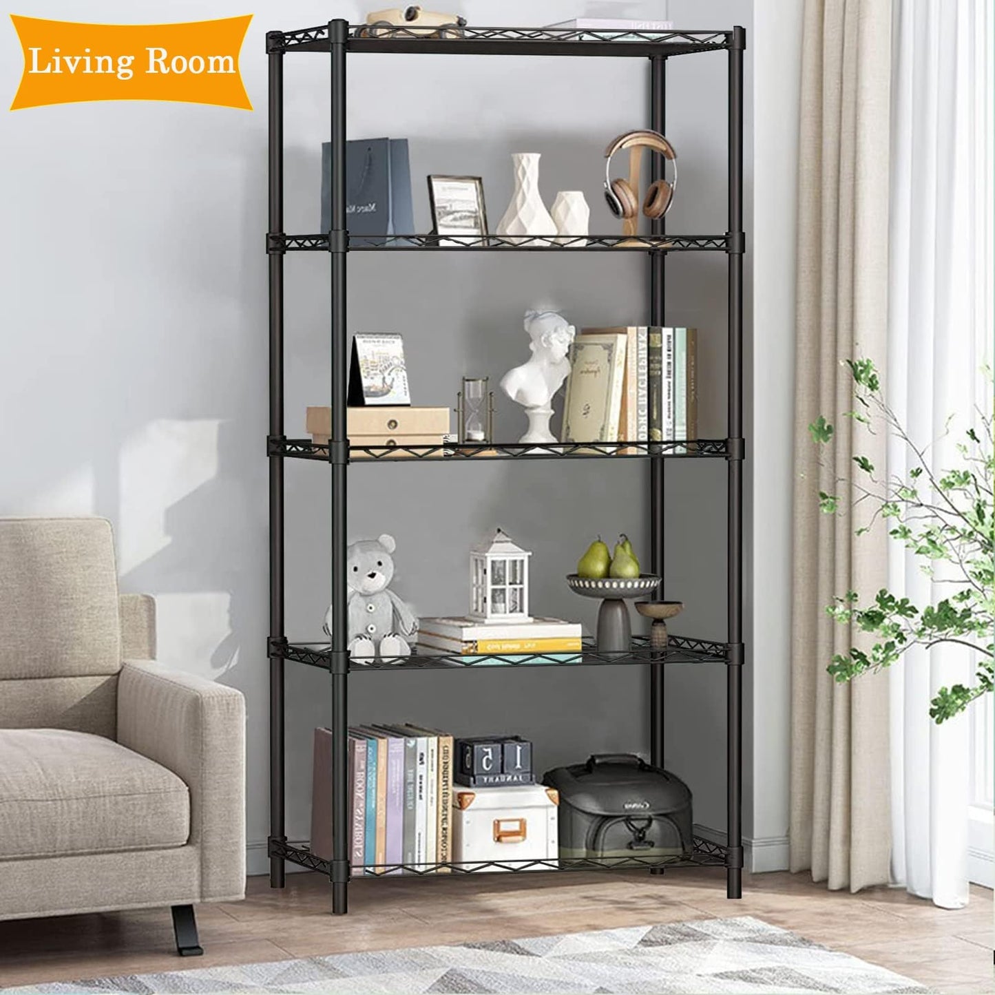 GPRF 5 Tier Shelves Wire Shelving Adjustable Storage and Organization Shelf Units,for Home，Garage，Pantry，kitchen，Office，Bedroom, Closet，Black(23.6" x 13.8" x 59"