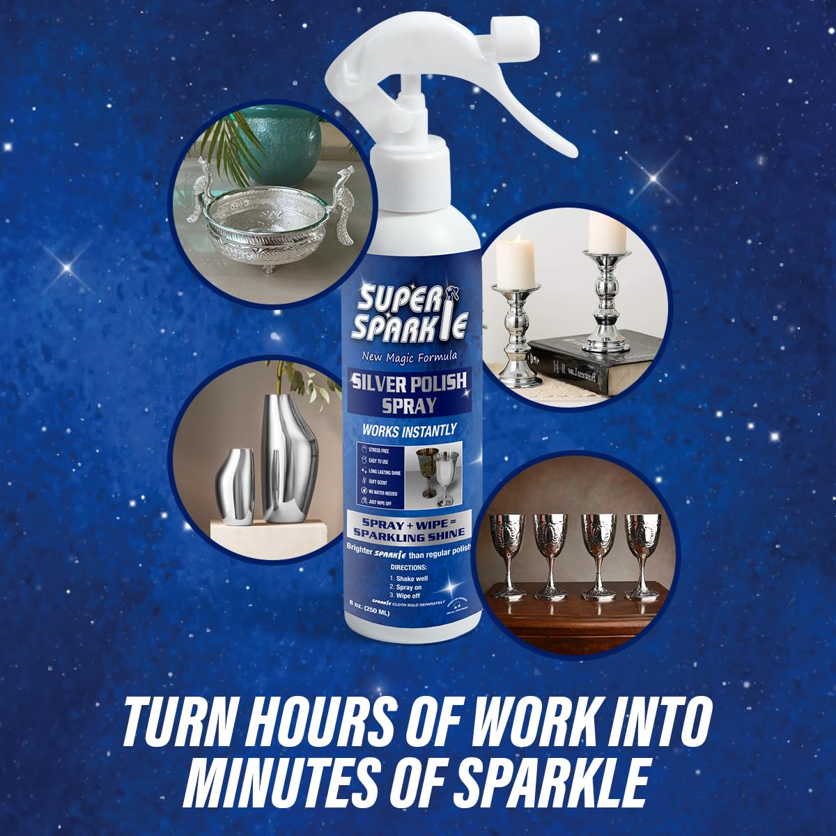SUPER SPARKLE Silver Polish Cleaner Spray 8 Ounce - Instant Tarnish Remover & Long-Lasting Shine For Sterling Silver - Silver Cleaner Polish For Sterling Silverware - Safely Cleans & Removes Tarnish
