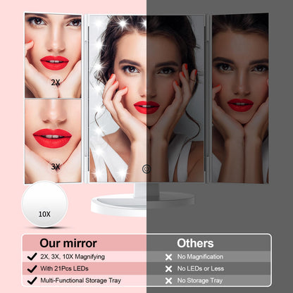 Trifold LED Makeup Mirror with 10X Magnification