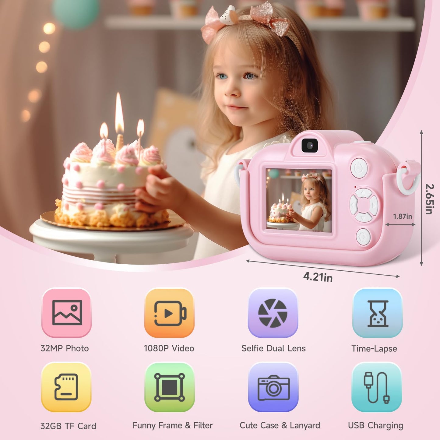 ZUODUN Kids Camera Toys for Girls Age 3-8, Kids Digital Camera Toddler Camera for 3 4 5 6 7 8 Years Old Birthday Gifts, 1080P Video Camera with Cute Protective Cover & 32GB SD Card