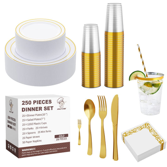 250 Count Gold Disposable Plastic Dinnerware Set, 50 Gold Plastic Plates, 25 Plastic Silverware, 25 Gold Cups and Straws, 50 Napkins, Perfect for Wedding Party