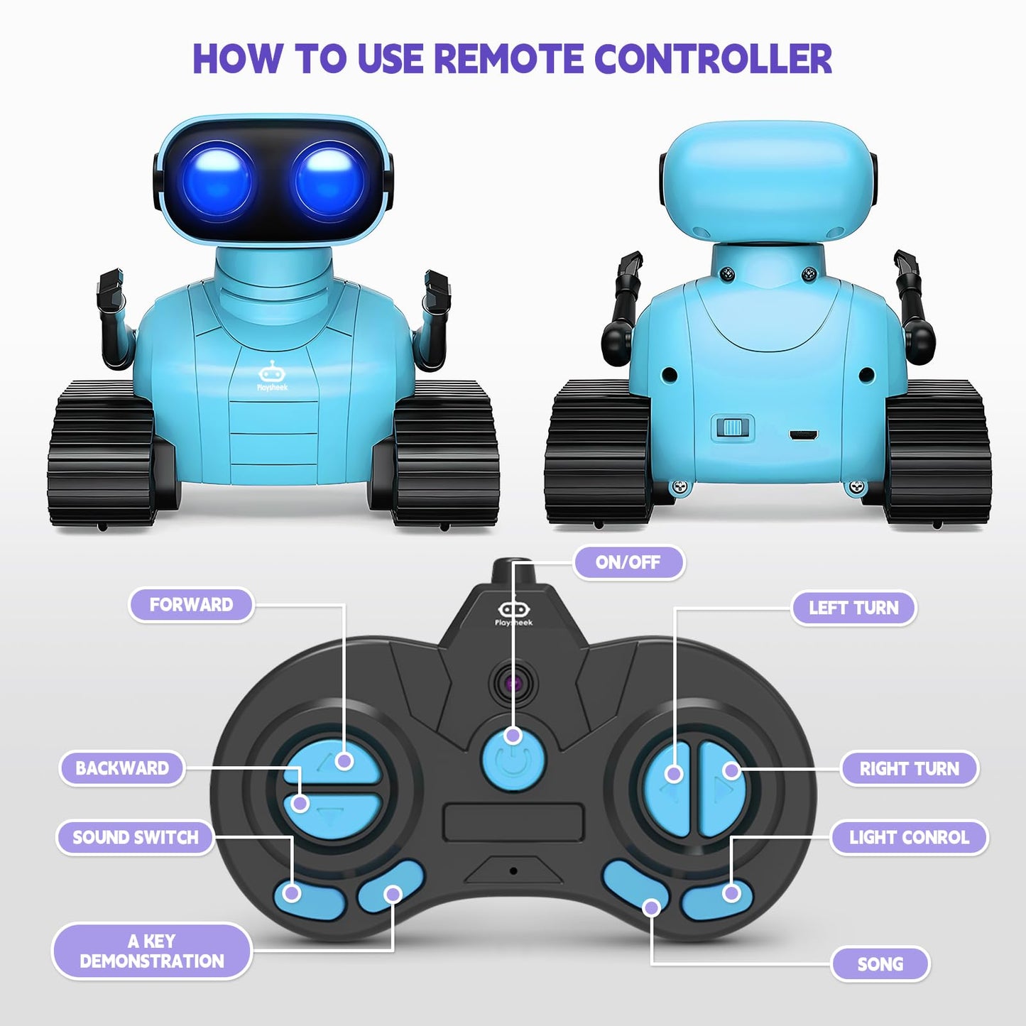 Playsheek Robot Toys Remote Control Robot Toy Rechargeable Emo Robot with Auto-Demonstration Kids Robot RC Robot for Kids Smart Robot Gift for Children Age 3 Years and Up Blue