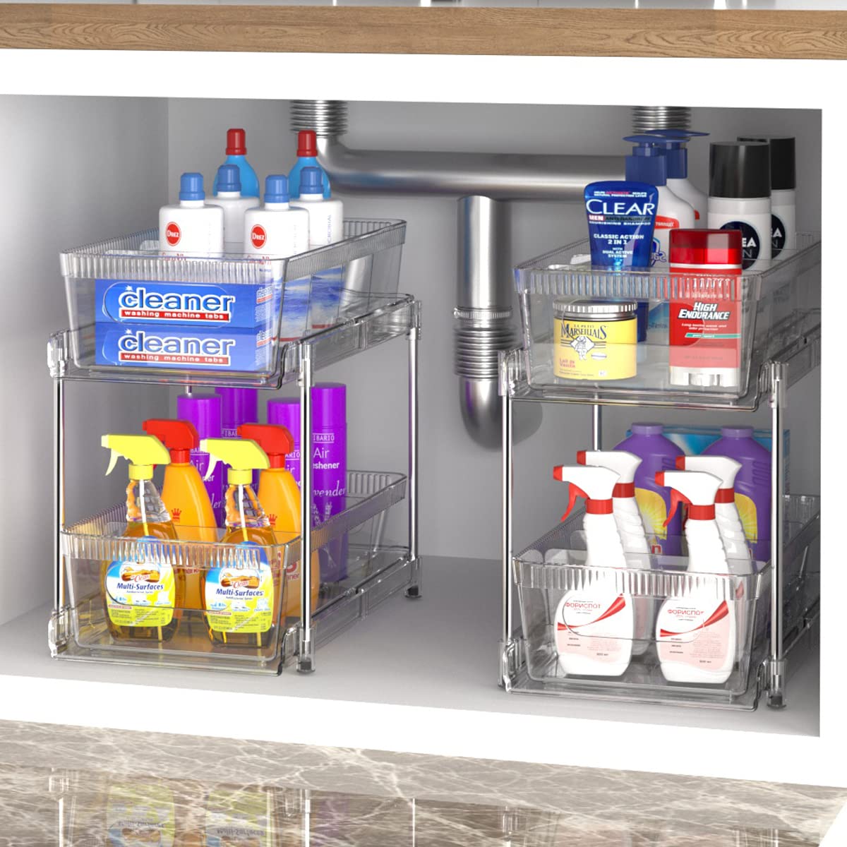 YOOMIDDA Bathroom Storage Organizer with Dividers, 2 Tier Multi-Purpose Kitchen Under Sink Organizers and Storage Slide-Out, Closet Organization, Kitchen Pantry Cabinet Medicine Bins