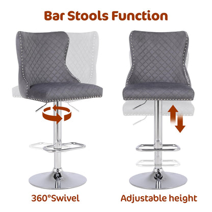 Chummaven Velvet Adjustable Bar Stools Set of 2, Counter Height Swivel Barstools with Chrome Base Footrest, Modern Upholstered Bar Chairs with Boutton Tufed High-Back for Kitchen,Dark Grey