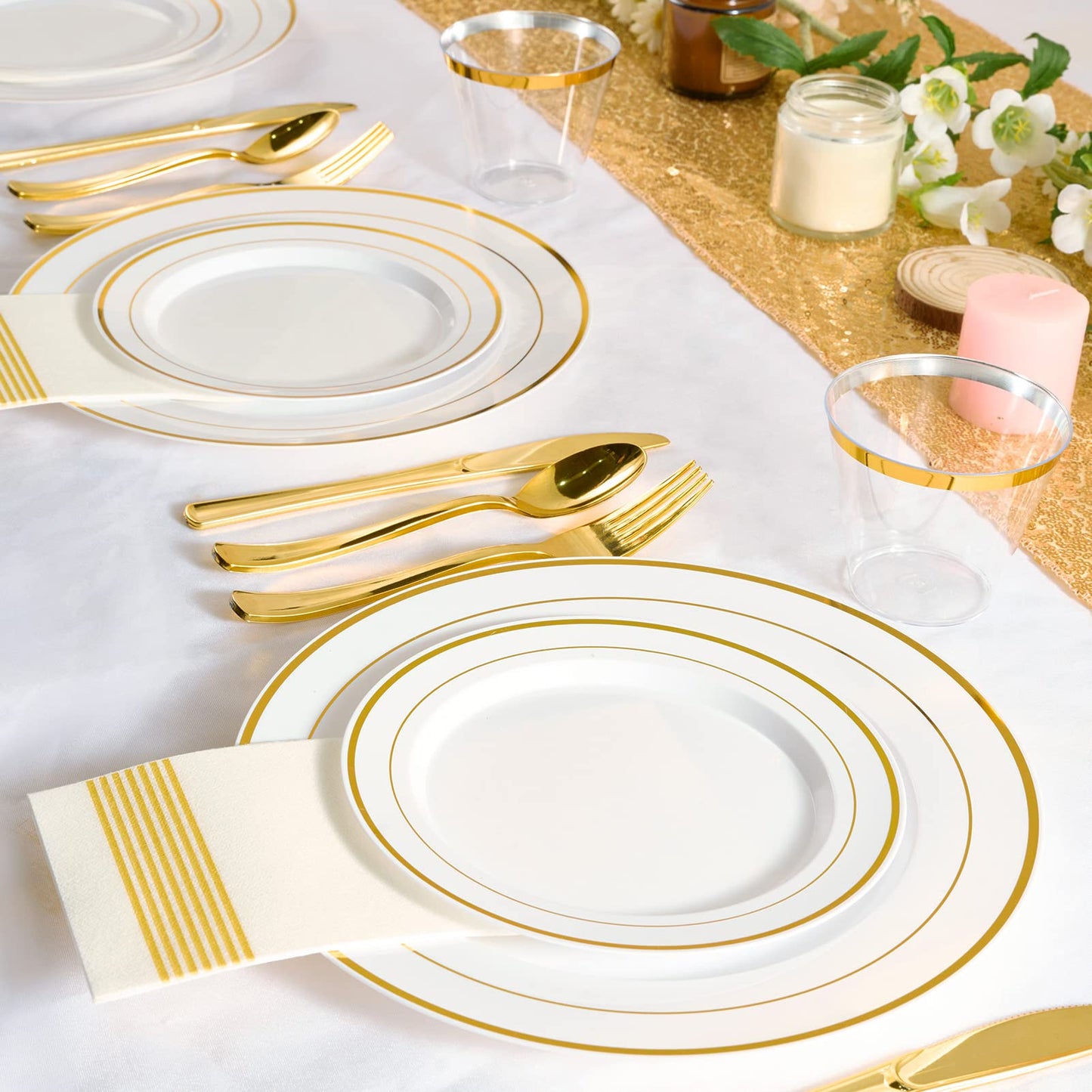 600 Piece Gold Rimmed Disposable Dinnerware Set for 100