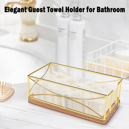 Livabber Guest Napkin Holder, Metal Bathroom Paper Hand Towel Storage Modern Napkin Tray Caddy for Countertop, Table Kitchen, Dinning Room (Gold, Wooden Base)