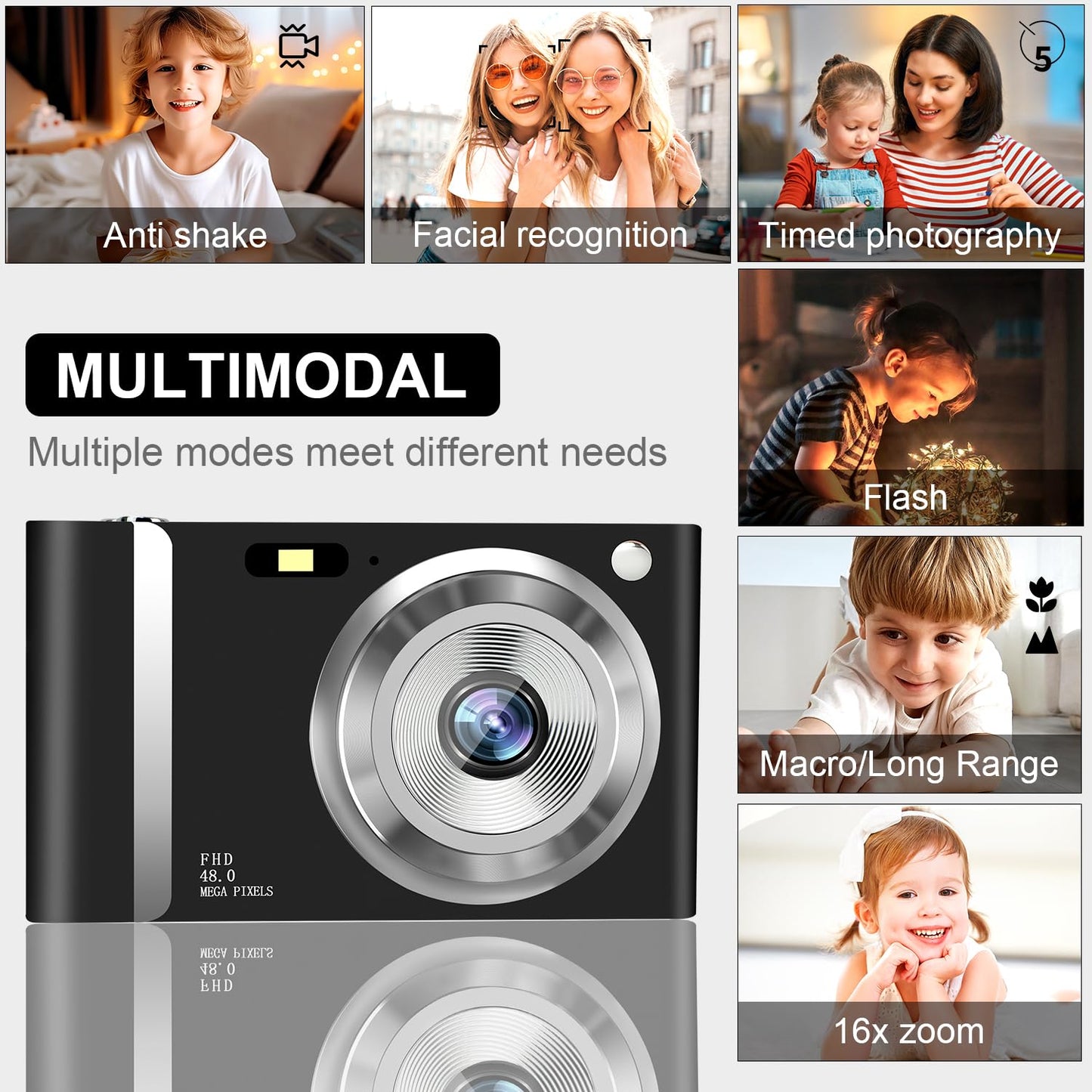 Digital Camera, FHD 1080P Kids Camera with 32GB Card, Digital Point and Shoot Cameras with 16X Zoom Anti Shake, 48MP 2.8 Inch LCD Screen, Gift for Teens Boys Girls