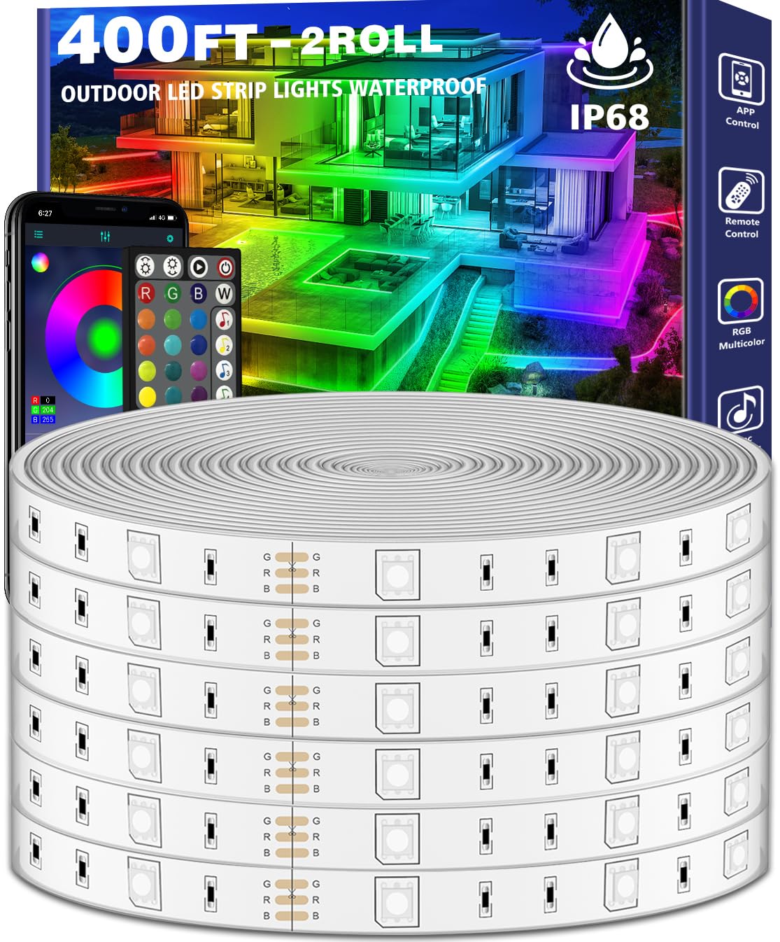 LETIANPAI 400ft Outdoor LED Strip Lights Waterproof,IP68 Outside Led Light Strips Waterproof with App and Remote,Music Sync RGB Exterior Led Rope Lights with Self Adhesive Back for Roof,Deck,Balcony