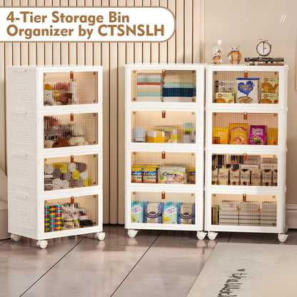 4 Tier Stackable Storage Bins with Lids, 23Qt Plastic Storage Containers with Magnetic Doors & Wheels, Collapsible Storage Bins Closet Organizers, Foldable Organization for Home, Party, Office, Dorm