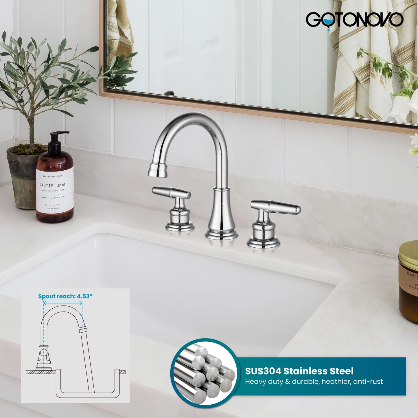 gotonovo 8 Inch Vanity Basin Faucet Dual Handle Polished Chrome Deck Mount 3 Hole Bathroom Faucet with Pop Up Drain and Water Supply Hoses Widespread Lavatory Sink Faucet Hot and Cold Mixer Tap