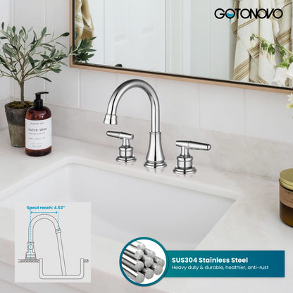 gotonovo 8 Inch Vanity Basin Faucet Dual Handle Polished Chrome Deck Mount 3 Hole Bathroom Faucet with Pop Up Drain and Water Supply Hoses Widespread Lavatory Sink Faucet Hot and Cold Mixer Tap